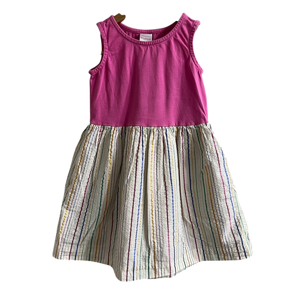 Hanna Andersson Girls Pink Rainbow Metallic Stripe Dress Size 120 US 6-7 Cotton